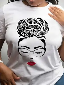 Women's Figure Print Round Neck Graphic Tee, Vintage Trendy Casual Short Sleeve T-shirt For Daily Wear, Ladies Summer Tops