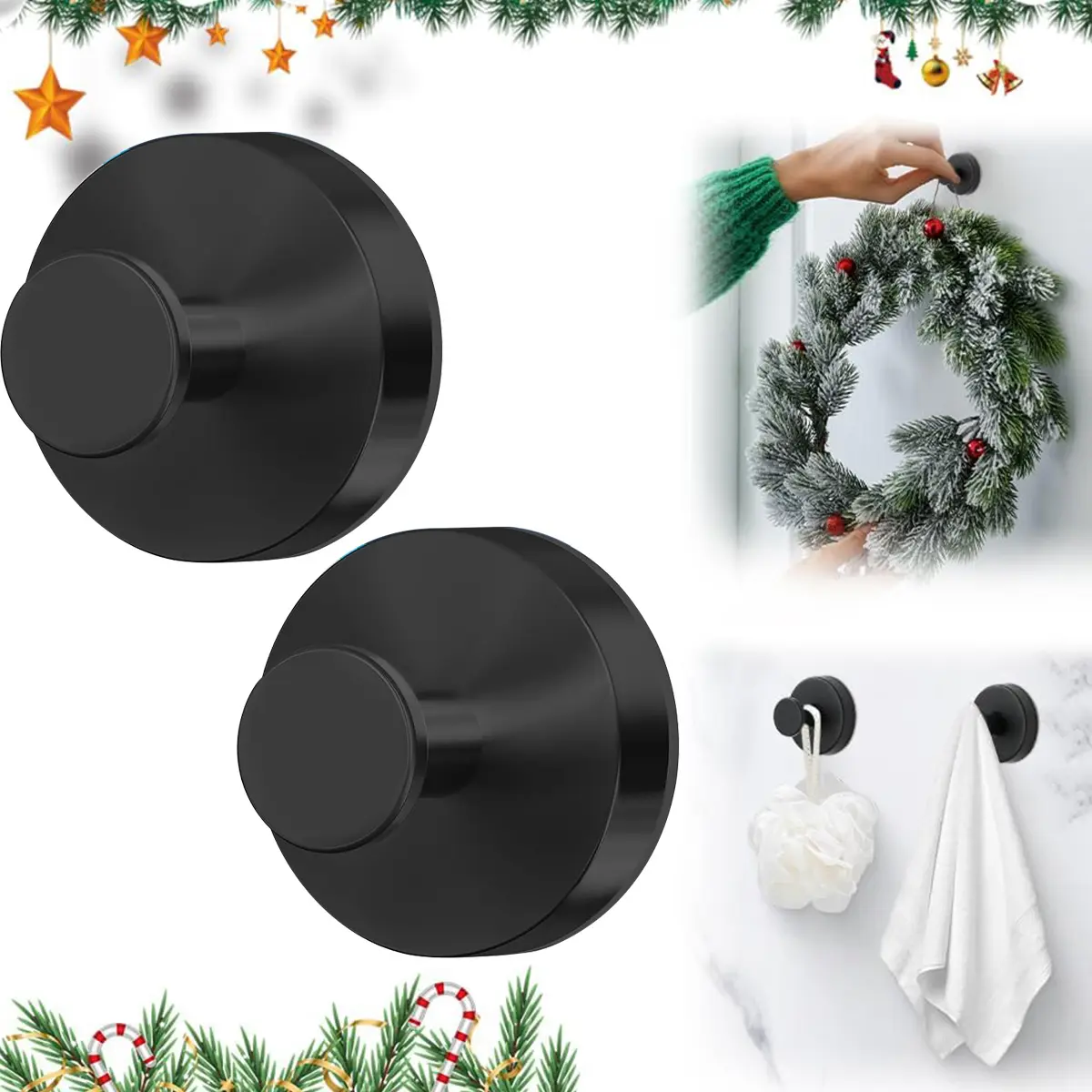 2-Pack Waterproof Stainless Steel Suction Cup Hooks - 15 lbs Strong Hold, 146g Plastic Wall Mount, Removable No-Drill Storage Aid for Tenants’ Bathroom, Kitchen