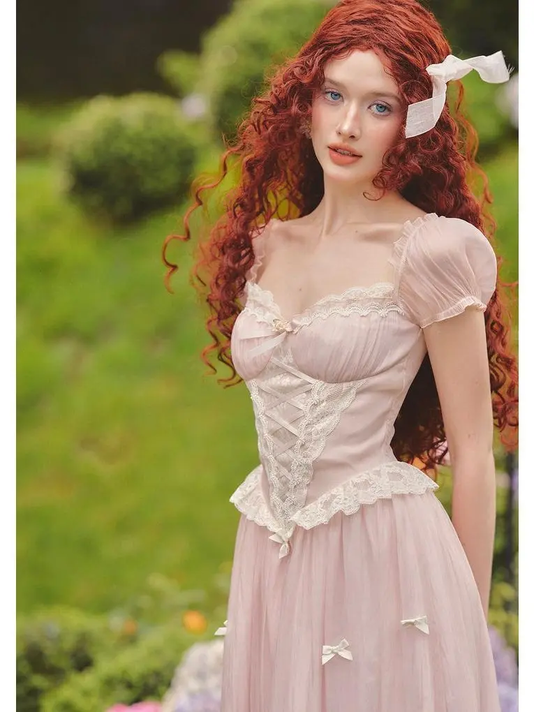 Pink Mist Fairy Corset Dress, Polyester Fabric, Floral Lace Waist, Handcrafted Flower Bow Detail for Feminine Elegance