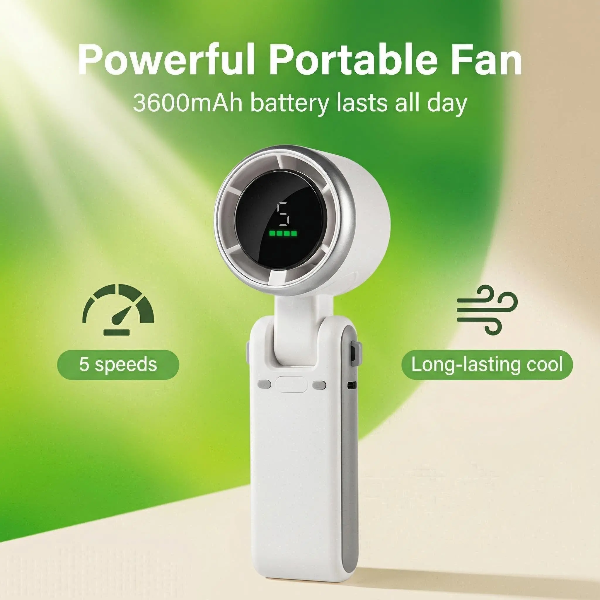 Foldable Handheld Portable Fan, 5 Speeds High Speed Mini Pocket Fan with Digital Display, 3600mAh Rechargeable Battery Personal Cooling Fan, 2-in-1 Hand & Desk Fan for Travel Camping Outdoor