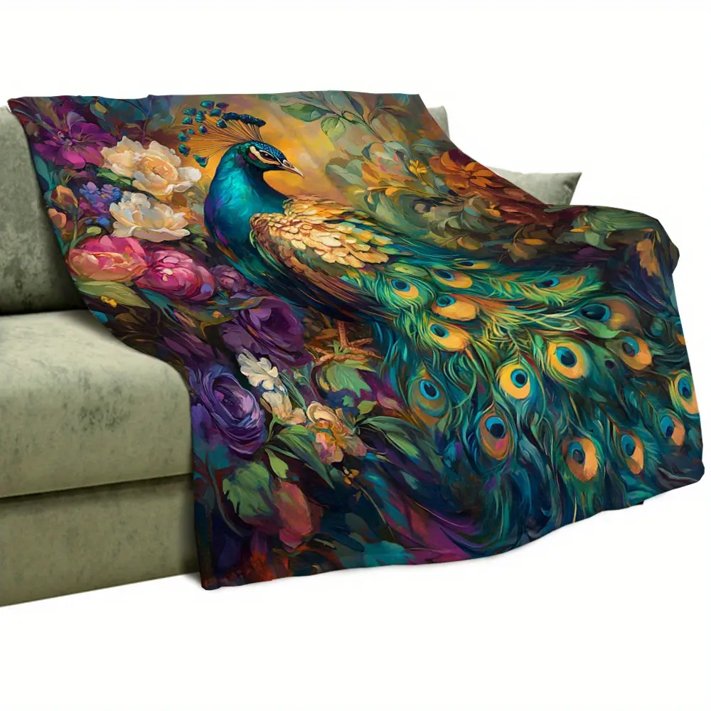 Vibrant Peacock Floral Flannel Throw Blanket - 100% Polyester Knit Fabric, 280GSM All-Seasons Cozy Lightweight, Digital Art Print, Mixed Color, Multipurpose for Couch Bed Use
