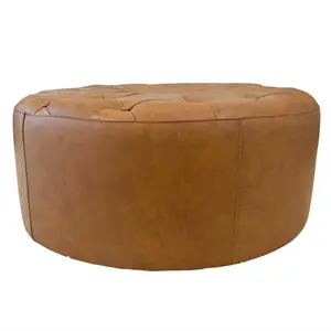 Seletar Round Button Tufted Leather Ottoman 37"