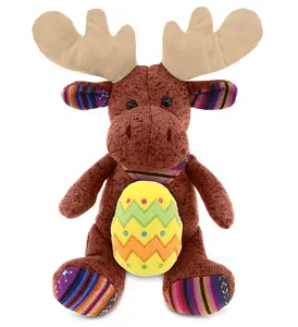 DOLLIBU Polyester Stuffed Toy - Cute, Funky 11-Inch Sitting Brown Moose with Yellow Easter Egg, Personalized Gift Option