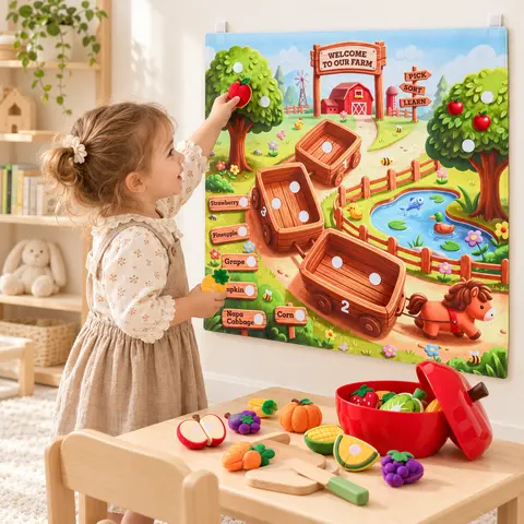AIBEIQITOY Farm Sorting Felt Play Mat + 44-Piece Apple Cutting Toy Set with Storage Bin, Wall-Mountable Fruit & Vegetable Matching Learning Toy for Kids Play Kitchen Accessories Pretend Cooking Set