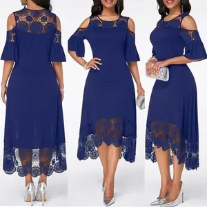 Hot Selling Hollowed Out Lace Bridesmaid Dress, Round Neck Off Shoulder Ruffle Sleeve Dress, Suitable for Parties In The Mid Length Dress, Graduation Gift, Essential for Returning To School
