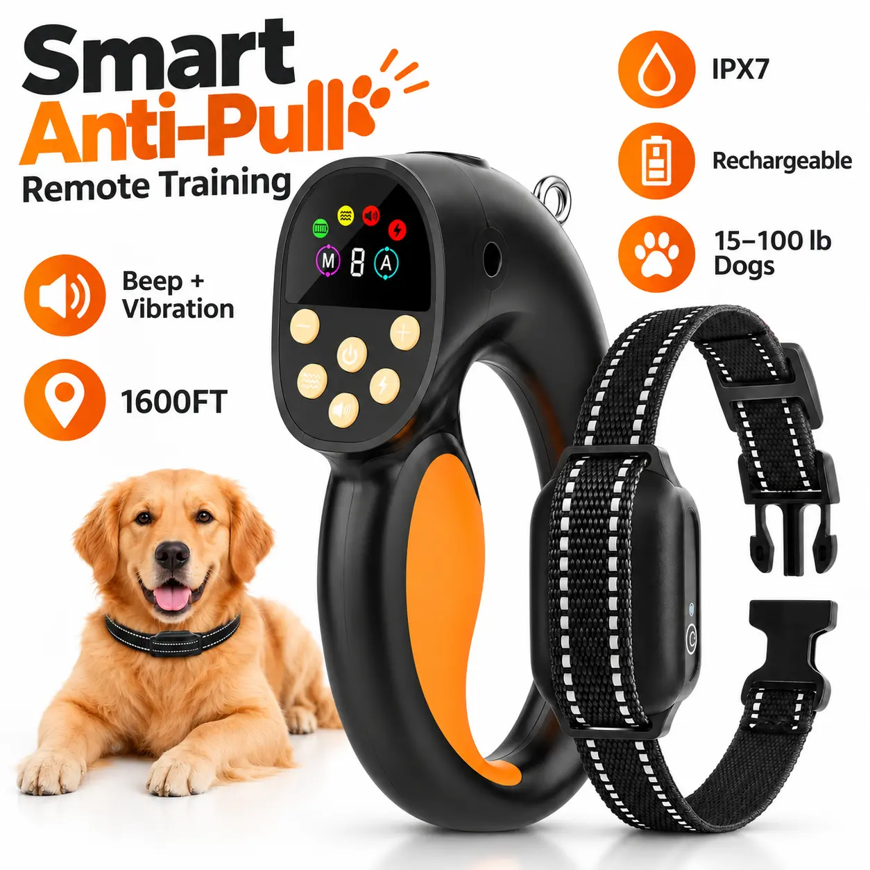 Dog Training Collar with Remote, Automatic Anti-Pull Training, Beep Vibration & Adjustable Static Modes, 1600FT Range, Waterproof Rechargeable Collar for Small Medium Large Dogs