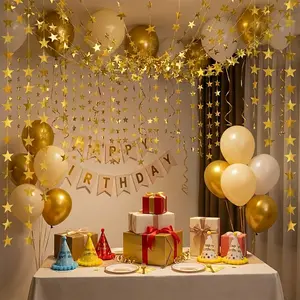 3pcs Golden Star Banners, 400Cm/157Inch, Length, Reusable, Golden, Star, Tassel, Hanging, Luxurious, Sparkling, Banner, Backdrop, Decoration, Dreamy Visual Effect, Wide Application Scenarios, Birthday Party, Proposal, Engagement, Anniversary