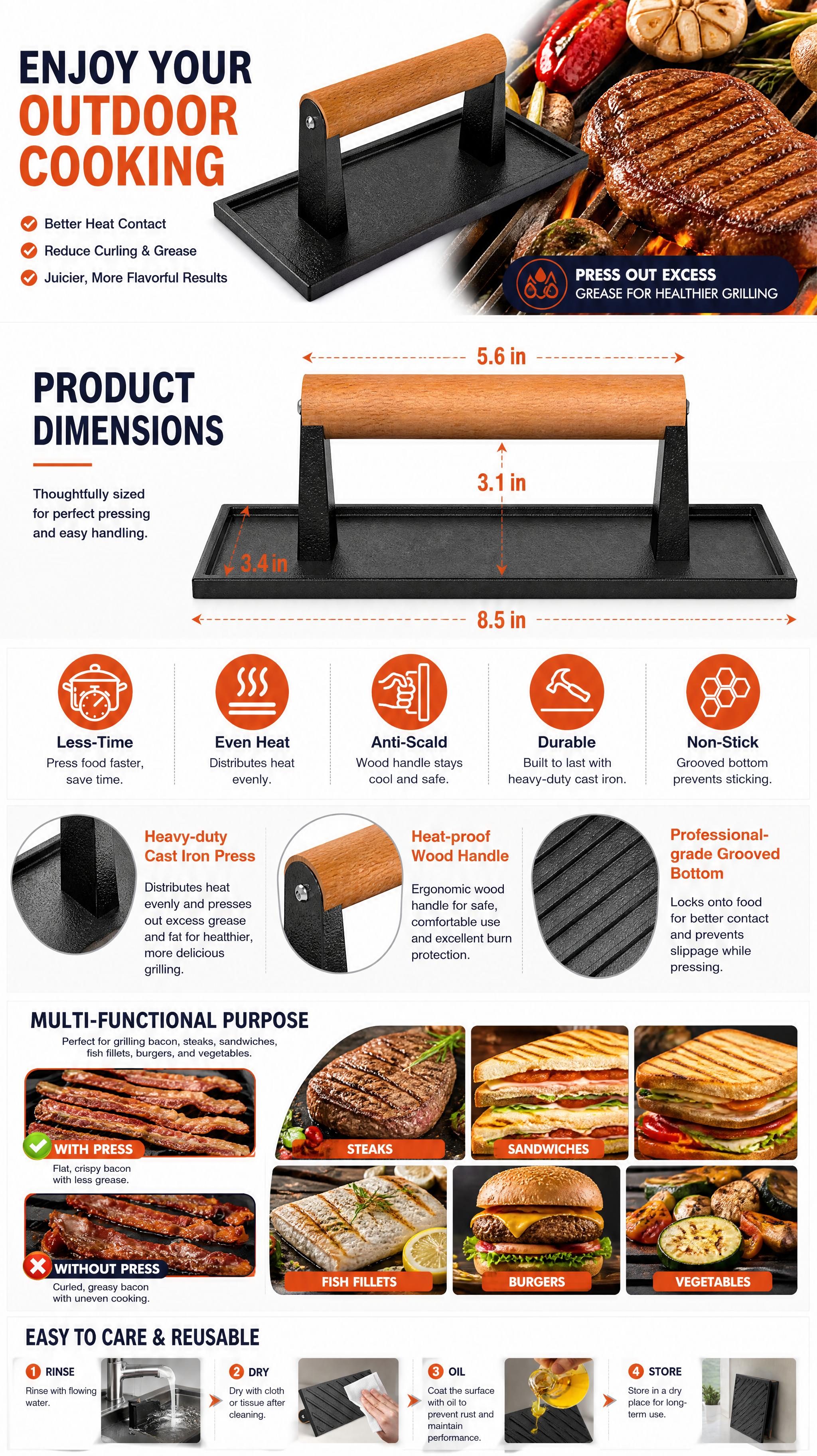 BESTFIRE Burger Press – 8.5" x 3.4" Rectangle Heavy Duty Cast Iron Smash Burger Press with Heat Resistant Wooden Handle, Griddle Accessories for Blackstone Griddle, Ideal for Panini, Steak, Sandwiches & Bacon