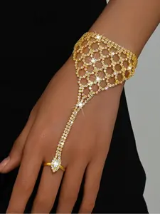 Women's New Luxury Pave Diamond Quilted Finger Bracelet - Minimalist Light Luxury Bridal Wedding Jewelry | Adjustable Unique Hand Chain for Brides, Fashionable Bracelet