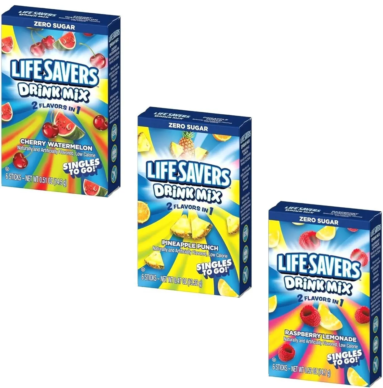 Lifesavers Singles to Go Variety Pack of 3 - One of Each Flavor - Cherry Watermelon, Pineapple Punch, and Raspberry Lemonade - Powdered Drink Mix