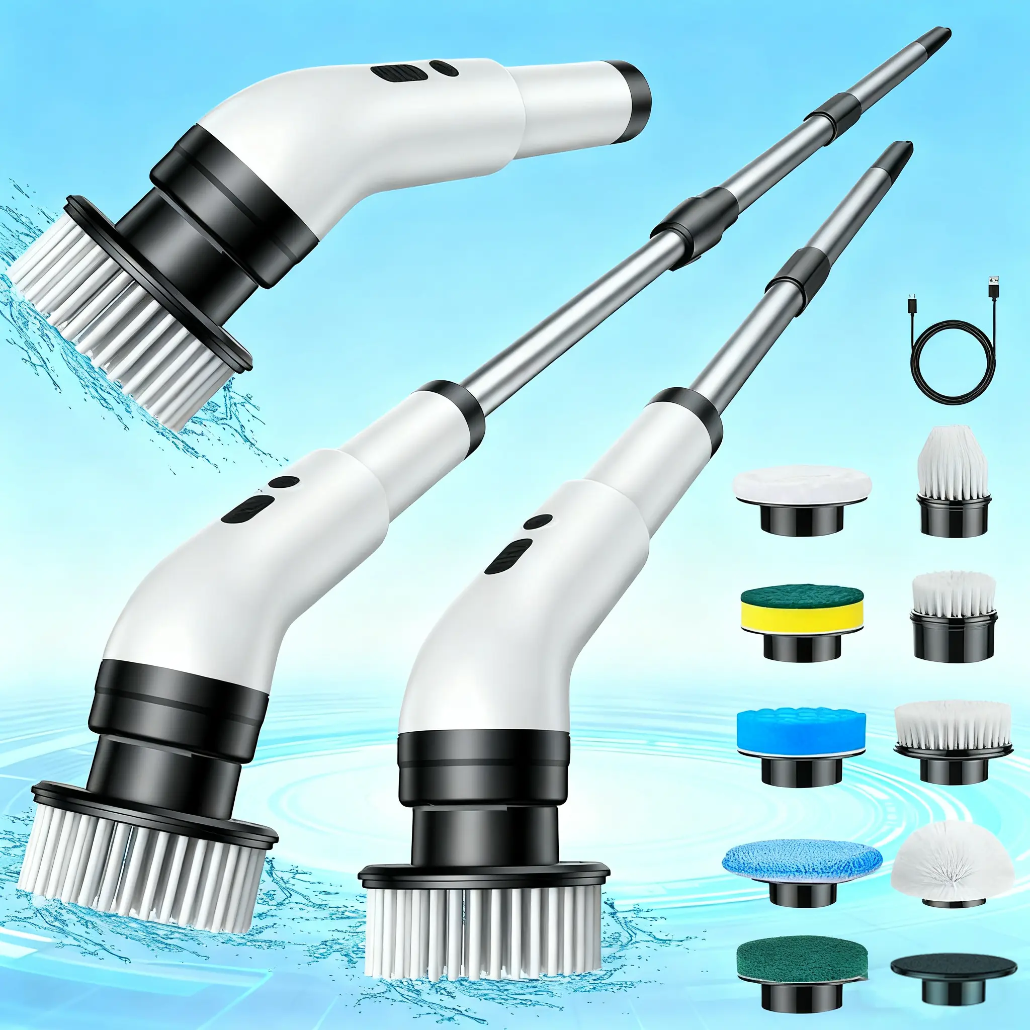 Electric Spin Scrubber, Cordless Shower Scrubber with IPX7 Waterproof, Electric Cleaning Brush, Multi-Surface Use, and Long Battery Life, 2 Adjustable Speed & Extendable Handle, 9 Replaceable Brush Heads, Multi-Purpose Cleaning Kit for Bathroom & Kitchen