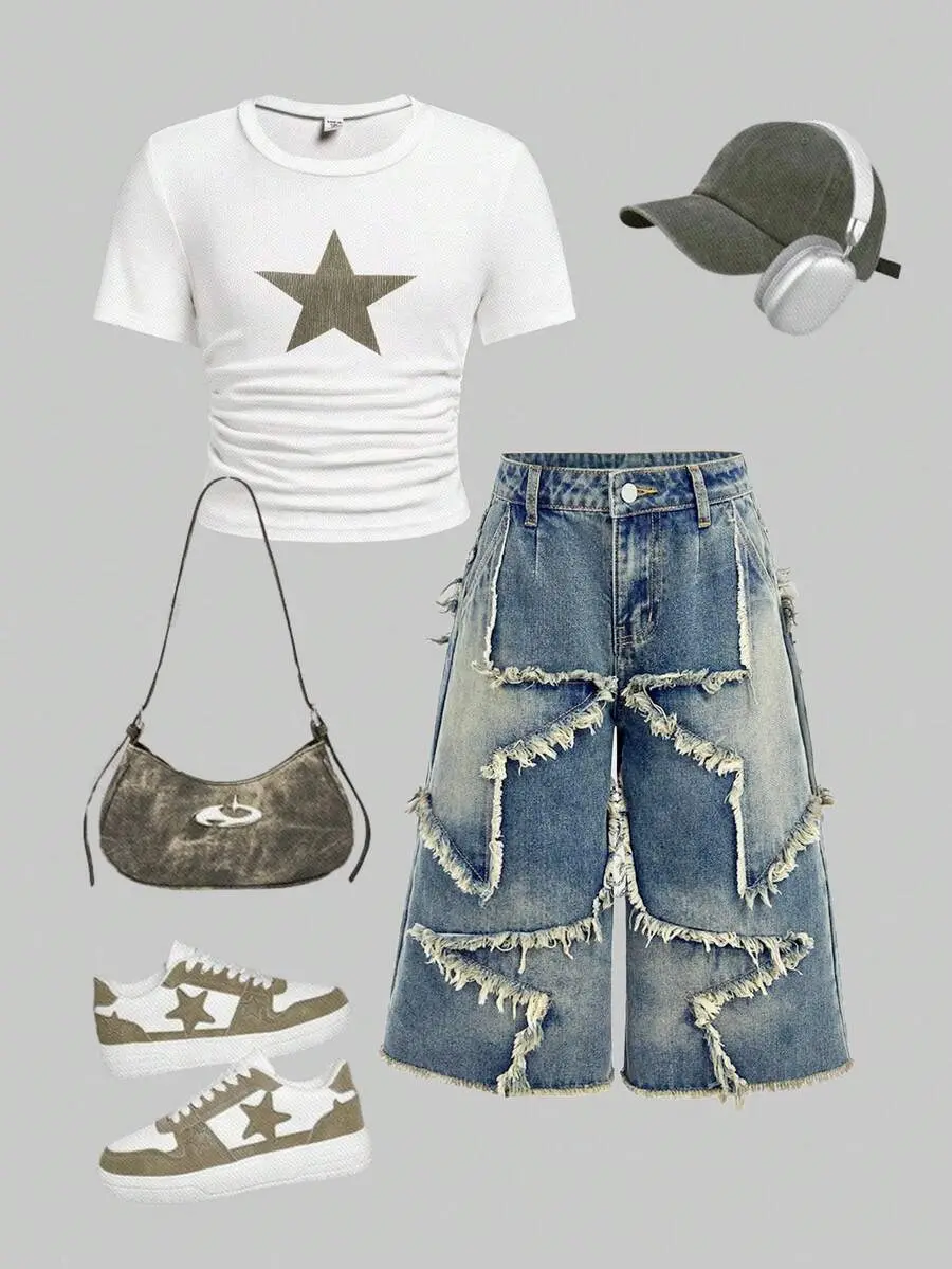 Tween Girls Y2K Vintage Washed Star Patched Printed,Belt Loop, Frayed Edge,Denim Capri Baggy Jeans Long Shorts With Raw Hem, Casual & Fashionable For Everyday Wear,School,Streetwear