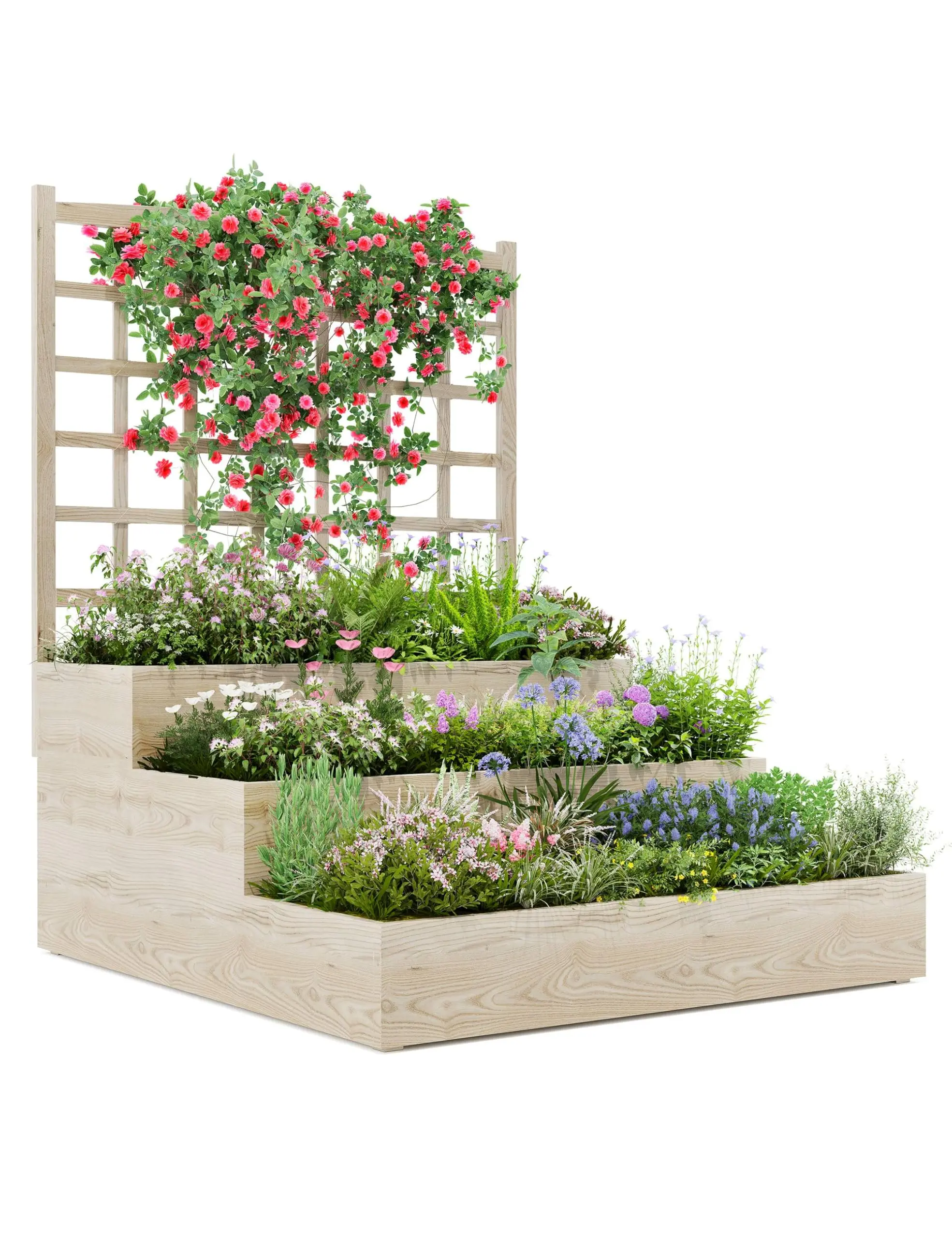 Gaomon 3-Tier Vertical Raised Garden Bed with Integrated Climbing Support - Durable Fir Wood Construction, Open Base Drainage, Compact Outdoor Planter for Climbing Plants, Veggies, Herbs; Flexible Configuration for Patio, Vertical Gardening, Spacious Tier