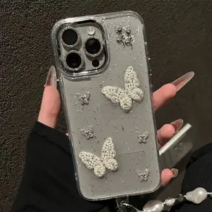 Luxury Glitter Transparent Pearl Bow Bumper Case For iPhone 16 15 14 13 12 11 Pro Max Plus Shockproof Silicone Protective Cover