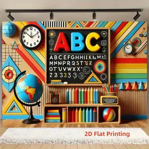 2D Flat 1pc ABC Back to School Backdrop Banner, Cartoon Alphabet Globe Geometry Stationery Photography Background, Ideal for Kindergarten Preschool, Classroom Decor, First Day of School, Learning Activity, Photo Booth Prop, Multiple Sizes Available