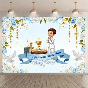 1pc 2D Flat Prince Communion Banner with Blue and White Floral Design, Polyester Material, Golden Cross and Golden Candlestick, Ideal for First Communion, God Bless, Indoor/Outdoor Home Decor, An