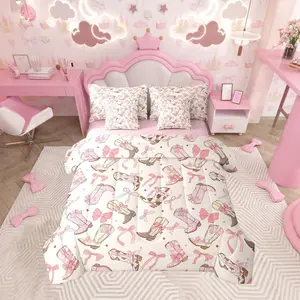 Pink Bow 7 Piece Bedding Set,Cute Bowknot Bed in a Bag,Girls Bow Breathable Western Bed Set,Includes Comforter,Sheet Set,Pillowcases & Pillow Covers, Soft Breathable Sheet, Bed Comforter Set