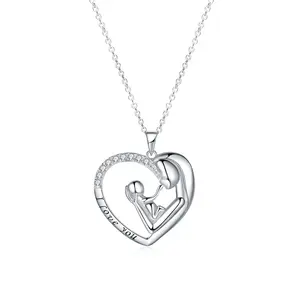 OIDEA Women's Sterling Silver Tone Heart Mom I Love You Baby Cubic Zirconia Pendant Necklace Jewelry