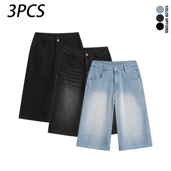 Pack of 3 men’s casual denim shorts—relaxed fit with a vintage washed distressed look and pockets; versatile everyday casual athletic denim shorts.