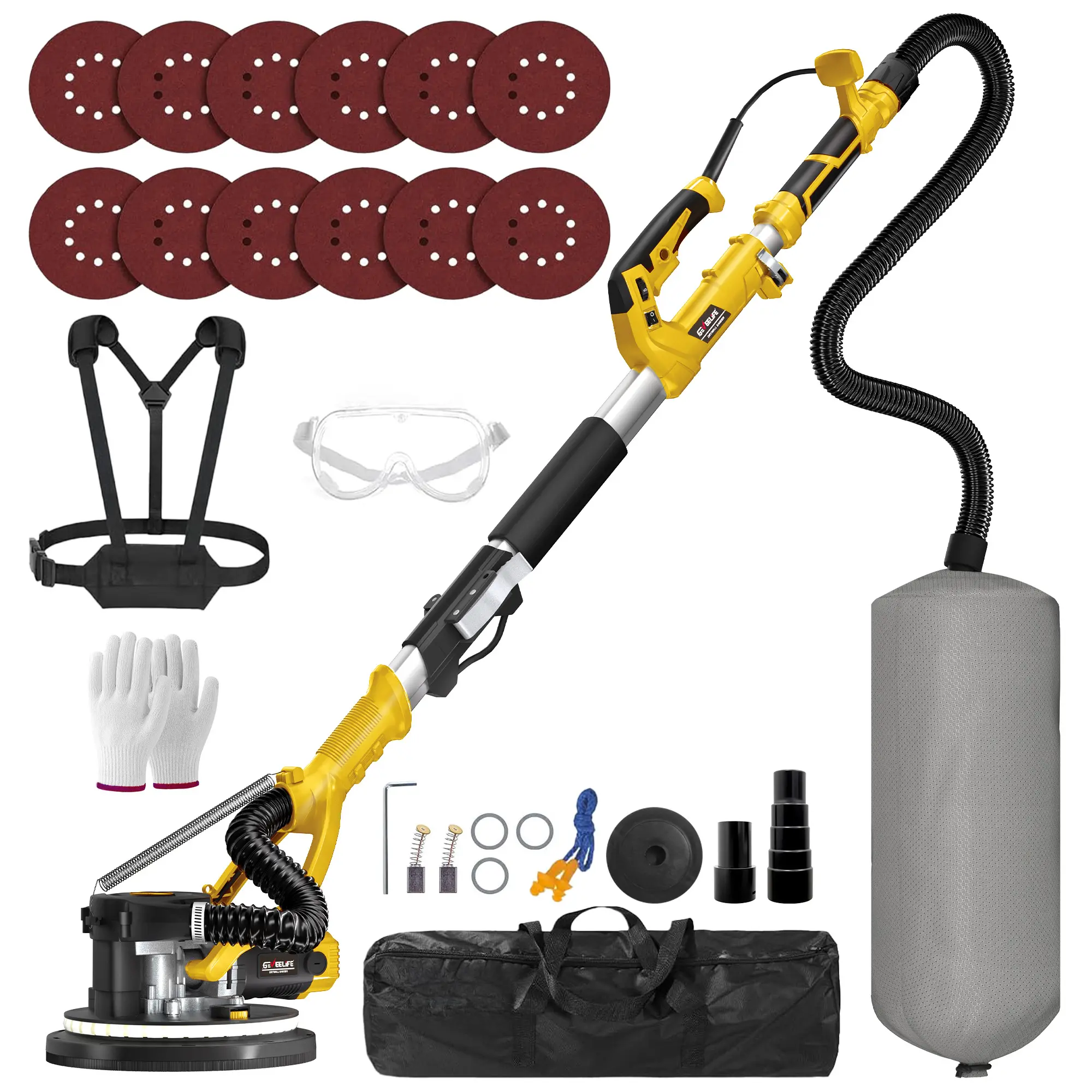 GEVEELIFE 880W Drywall Sander, Electric Popcorn Ceiling Removal Tool with Vacuum Dust Collection, 5-Speed 1000-2100 RPM, 360° Rotating Sanding Head, Adjustable Telescopic Handle for Wall & Ceiling Sanding
