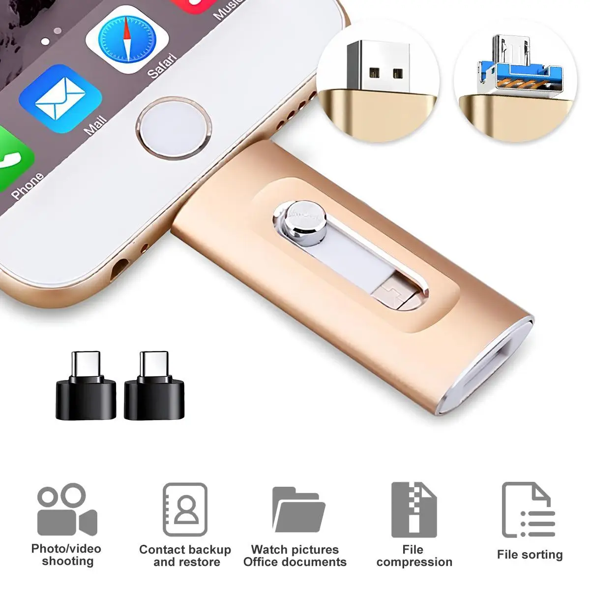 3 in 1 Flash Drive,High Speed USB 3.0 Memory Storage,OTG Flash Pen Drive with Free Type-C Adapter for iPhones/Android/PC and More Devices,128GB Photo