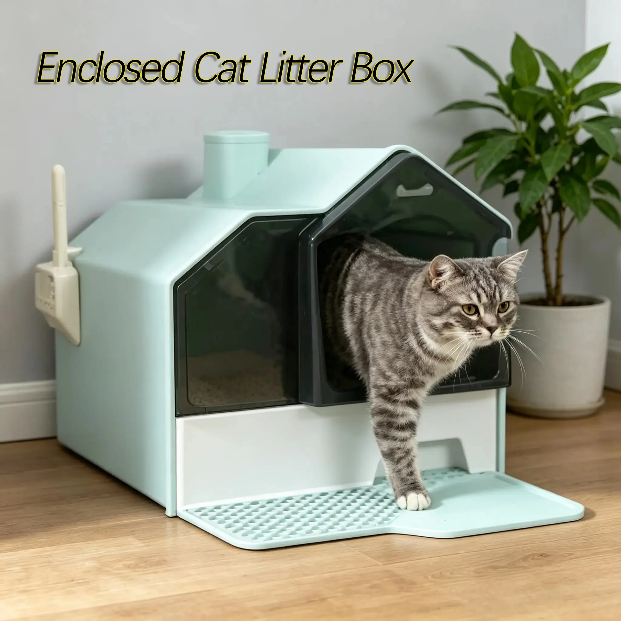 PawHut Hooded Cat Litter Box with Kitty Litter Mat, Kitty Litter Pan with Odor Control, Easy-Clean Pull-Out Drawer, Handle, Scoop, Light Blue On-Site,moon