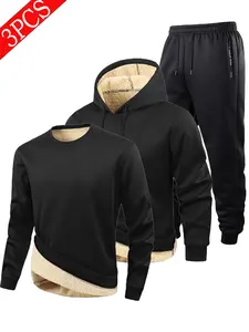 Men's Winter Fleece-Lined Crew Neck Sweatshirt + Hooded Sweatshirt + Joggers Three-Piece Set, Multiple Combinations Available, Essential for Warm Winter Outfits