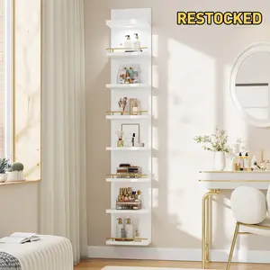 Raybee Furniture 6/8-Tier Minimalist Floating Wall Shelf, Vertical White LED-Display Shelf LACK-Style Shelves, Bookcase, Vanity Shelf, Decor Shelf with Remote Control Adjustable Light for Bedroom, Living Room, Office, Accent Room, Home Storage Organizer