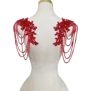 1 Pair Beaded Rhinestones Applique Epaulettes Shoulder Patches Sew-on Sequin Tassels Applique for Clothes Wedding Dress DIY Accessories 9.8X10.2inches Red