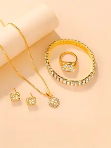 4 pcs Cubic Zircon Wedding Jewelry Sets for Bride Bridesmaid Cubic Zircon Pendant Necklace Earrings Link Tennis Bracelet Open Ring Set for Women Zirconia Jewelry Set