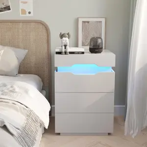 Furmax Tall Nightstand with LED Light and Charging Station, 27.5" High Bedside Table with 3 Large Drawers, Modern End Table for Bedroom, Large Capacity, White