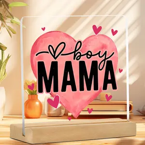 Acrylic Wood Ornament with 'boy Mama' Text, Heart Design, Perfect Gift for Mom, Transparent Acrylic, Wooden Base, Home Decor