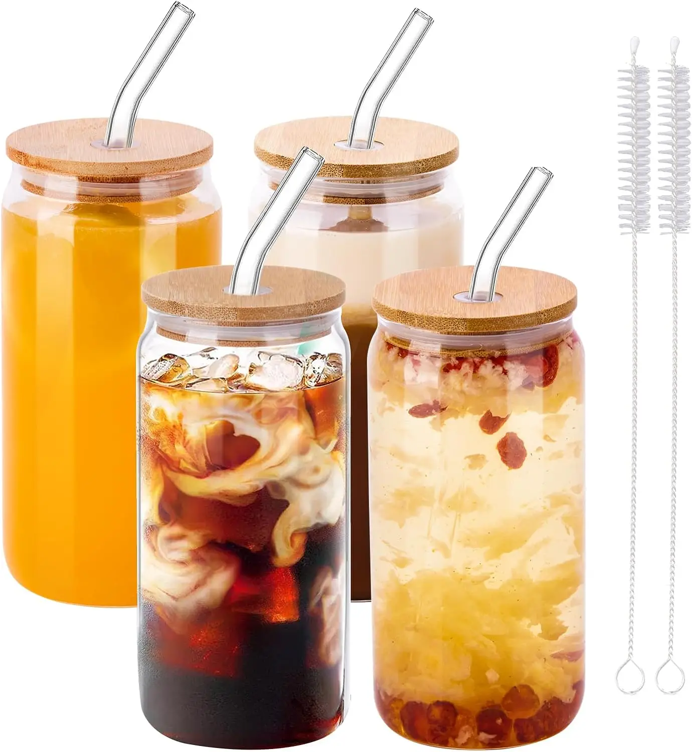 [ 4-Piece Set ] Bamboo Lid Glass Drinking Glasses with Glass Straw - 16-ounce Can Shaped Glassware for Beer, Iced Coffee, Cocktails, Whiskey, and More