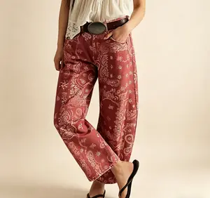 Women's Mid-Rise Wide Leg Jeans Floral Print Denim Trousers, Loose Fit Casual Pants in Soft Pink Womenswear