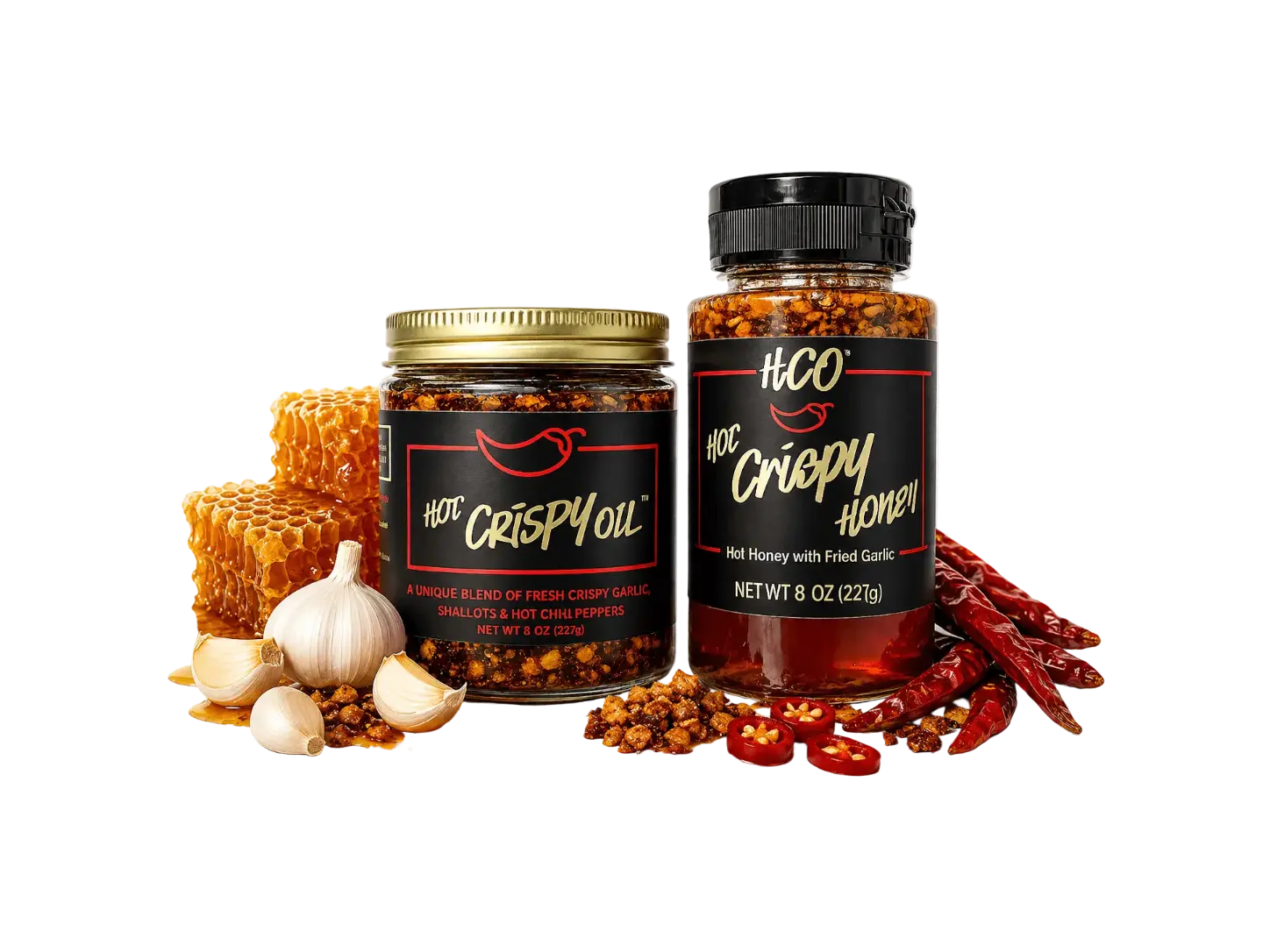 Sweet Heat Duo Gift Set - Hot Crispy Original Chili Crisp Oil, Hot Crispy Honey with Fried Garlic Snack Bundle