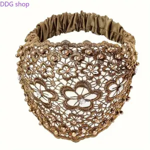 3PCS Boho Lace Beaded Headbands for Women, Crystal Pearl Embellished Wide Hair Bands, Non-slip Elastic Headwraps for Weddings, Vacations, Daily Styling