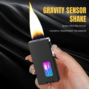 (Butane gas not included) Elegant black windproof lighter, ultra-wide and soft flame - smart shake ignition, rechargeable zinc alloy electronic lighter, transparent window - ideal gift for men