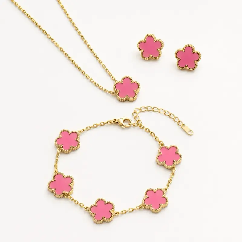 Women's Pink Clover Jewelry Set - Necklace, Bracelet, Stud Earrings - Elegant Matching Gift Set