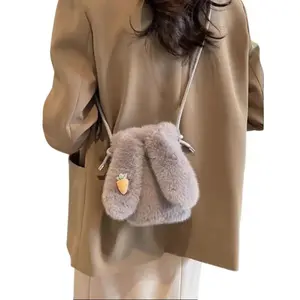 Cute Plush Rabbit-Ear Crossbody Bag — A Plush Drawstring Pouch with a Carrot Charm — Women's Mini Rabbit-Ear Shoulder Bag — An Aesthetic-Style Plush Bag