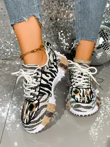 Water Drill Dad Shoes, Zebra Pattern Durian Sole Comfortable, Campus Streetwear Versatile Women's Shoes, Stylish and Practical Footwear