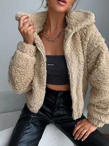 A set of women's casual khaki plush zipper jacket, suitable for autumn and winter, suitable for home, indoor, and outdoor wear