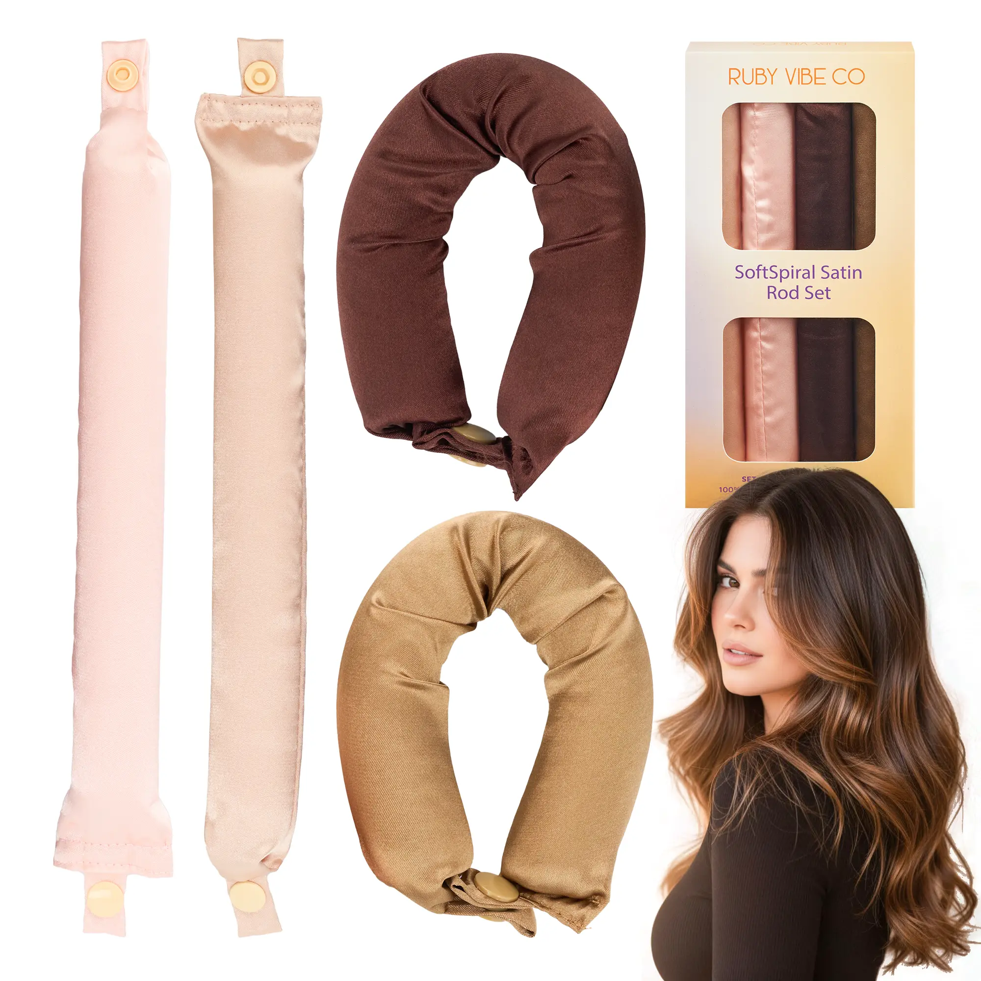 RUBY VIBE CO 4-Piece Heatless Hair Curlers, Satin Heatless Curling Rod Set for Overnight Curls, No Heat Hair Curler for Long & Short Hair, Hair Curlers to Sleep In, Reusable Styling Rods