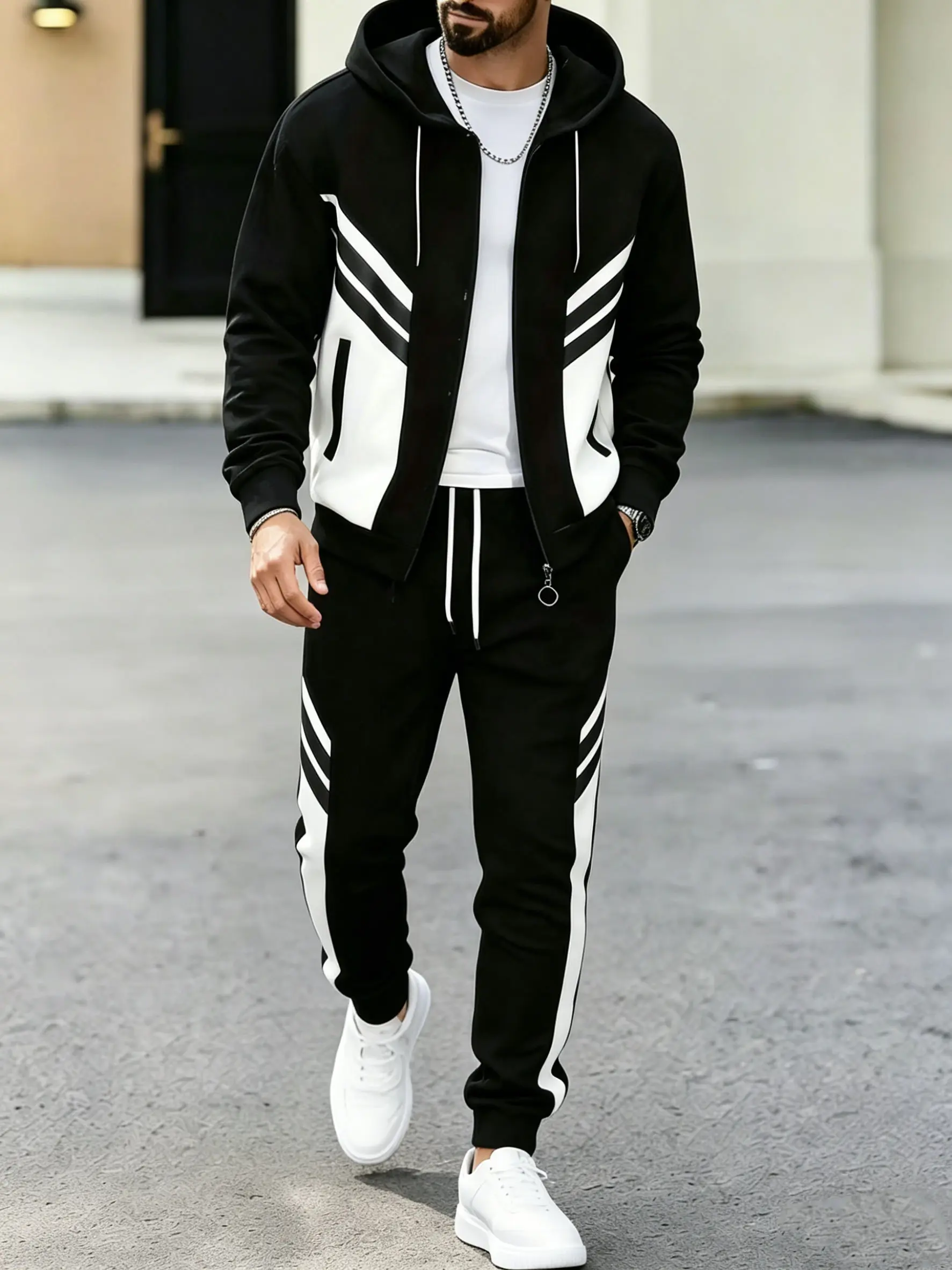Men's 2-Piece Stripe Casual Menswear Tracksuit - Long-Sleeved Zipper Hooded Jacket & Drawstring Pants, Suitable for Outdoor Activities