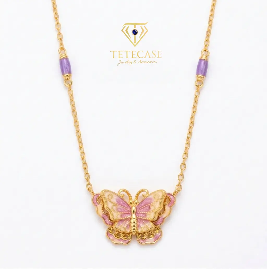 TETECASE 18K Gold-Plated Butterfly Pendant Necklace, Pink/Purple Enamel, Fairycore Jewelry, Tarnish-Resistant, Waterproof, Hypoallergenic, Eco-Brass Chain for Women