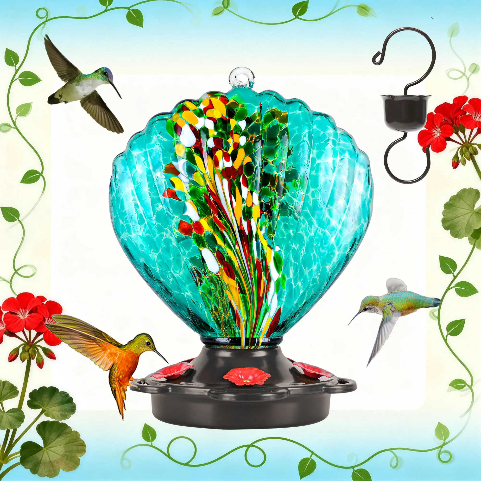 LUJII Vintage Seashell-Shaped Hand-Blown Glass Hummingbird Feeder - 25 fl.oz Leakproof, Rustproof, Easy to Clean Outdoor Hanging Garden Decor, Teal Holiday Gift for Women, Bird Feeding Tool, Easy To Clean Hummingbird Feeder
