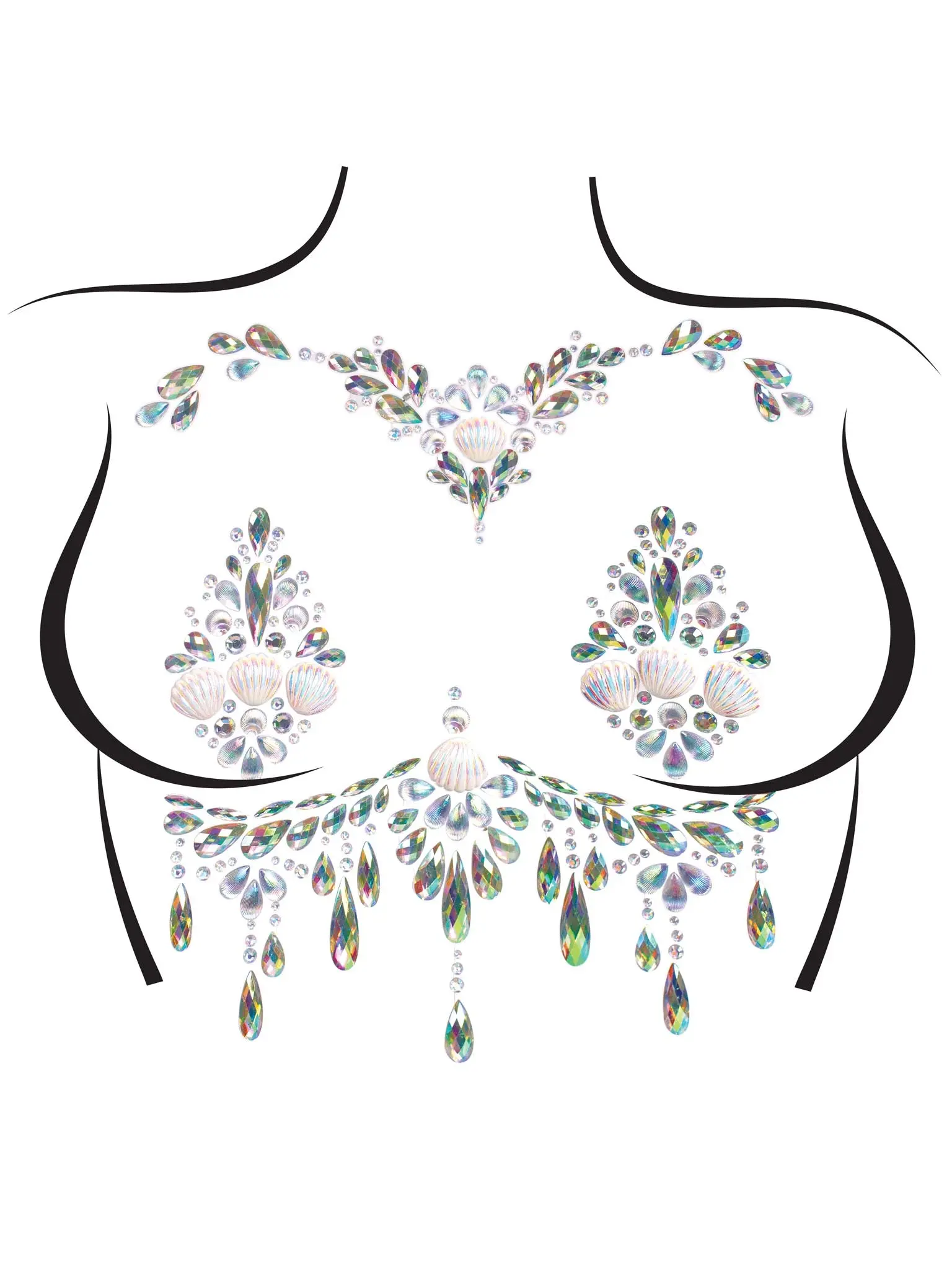 Siren Shell Rhinestone Body Jewels, Women's Reusable Fake Tattoos, Nipple Cover & Under Bust Stickers for Carnival Festival Outfits