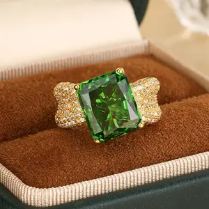 Genuine Emerald & Diamond Vintage Ring for Women, 10x12mm Gold Plated Copper Statement Ring, Valentine's Day Gift