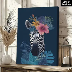 2D Flat, 2D Flat Framed Canvas Painting Poster An Artistic Illustration of a Zebra with a Tropical Flower Headd 4, Perfect for Wall Decor Art, Room Decoration, for Living Room Decor, Winter Spring Home Decor, Bathroom Decor, Valentine's Day	