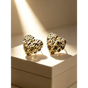 Women's 14K Plated  Hammered Heart Stud Earrings - Textured Minimalist  Accent Costume Jewelry,  Accent Earrings gold