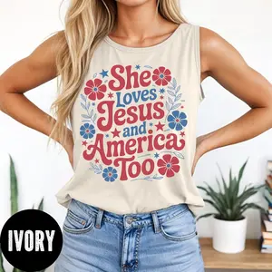 She Loves Jesus Tank Top, Comfort Colors Retro 4th of July Tank, Christian 4th of July Tank, Women's Patriotic Tank, Religious 4th of July